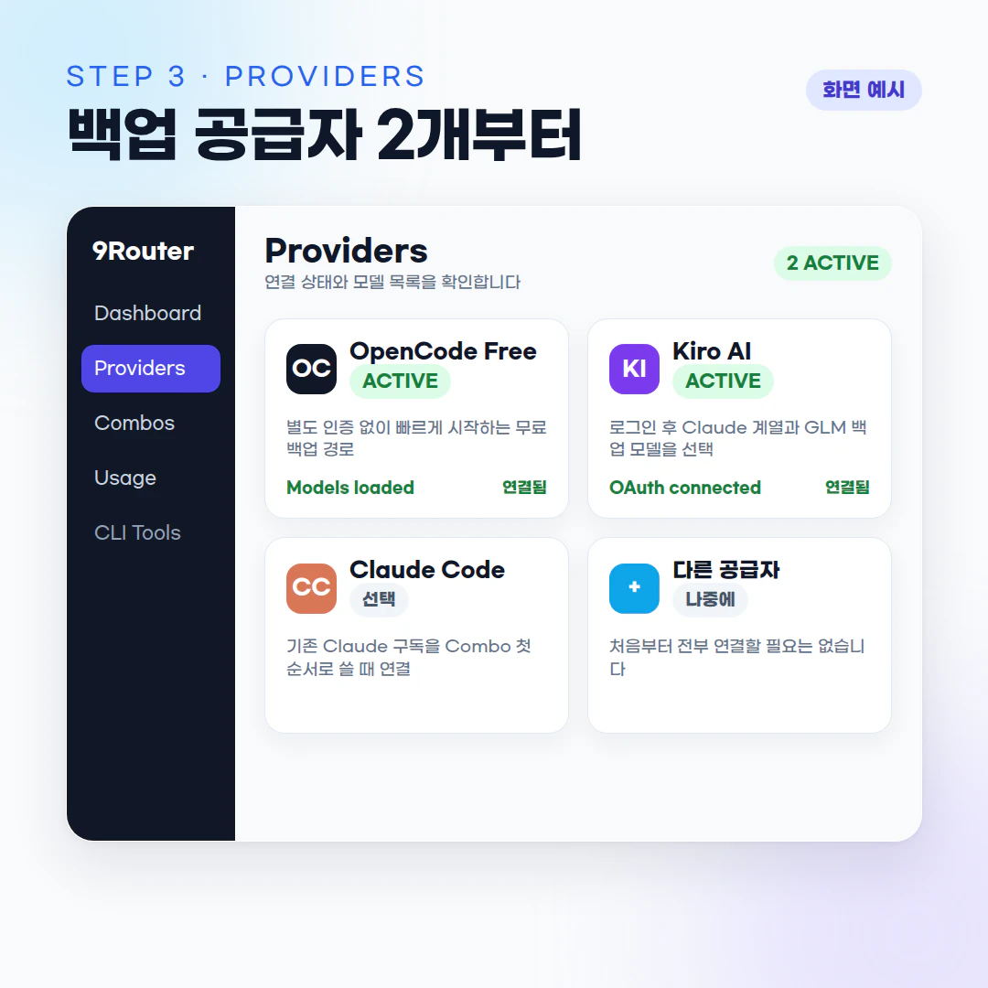 Providers에서 OpenCode Free와 Kiro AI의 연결 상태를 확인하는 화면 예시