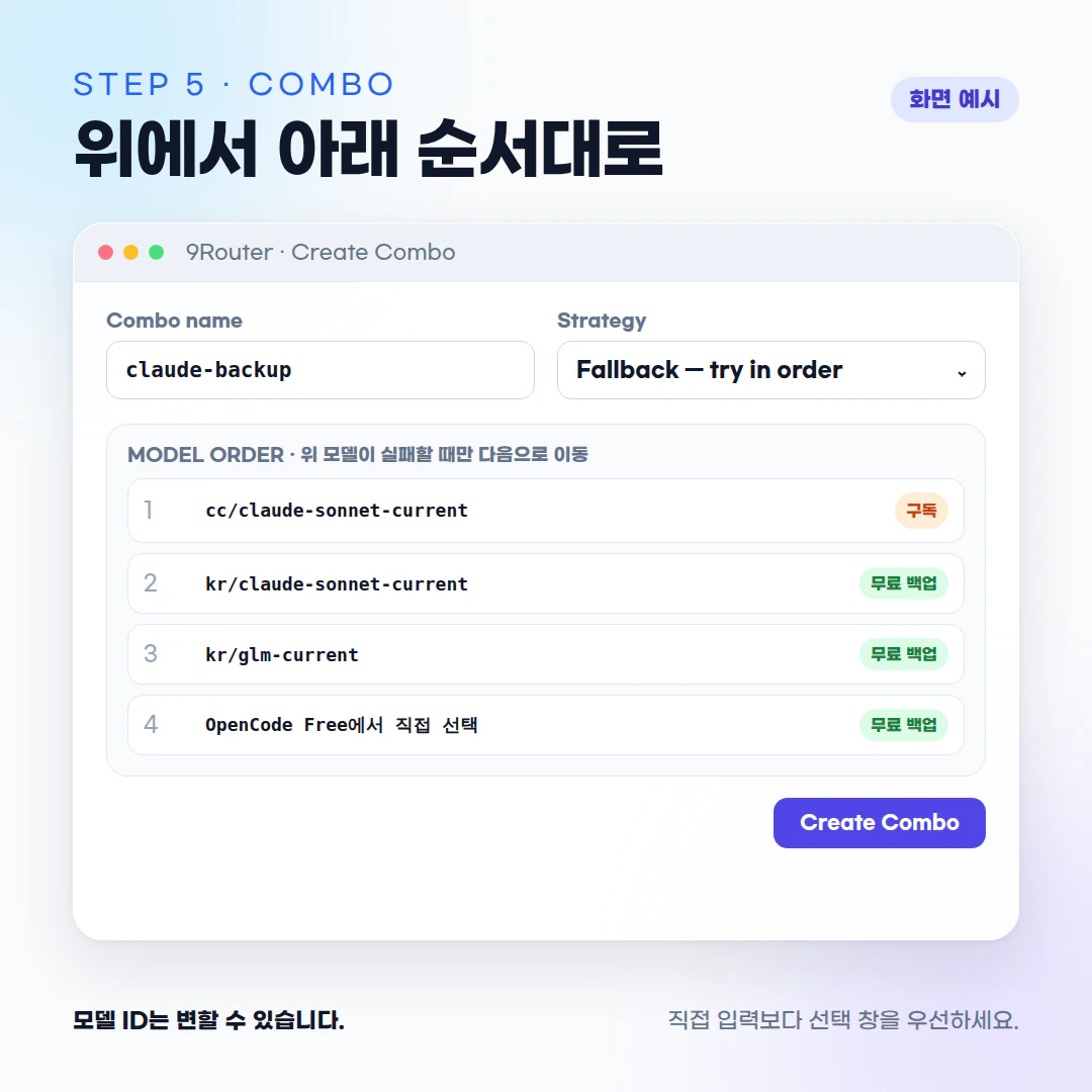claude-backup Combo에서 Fallback 전략과 모델 순서를 설정하는 화면 예시
