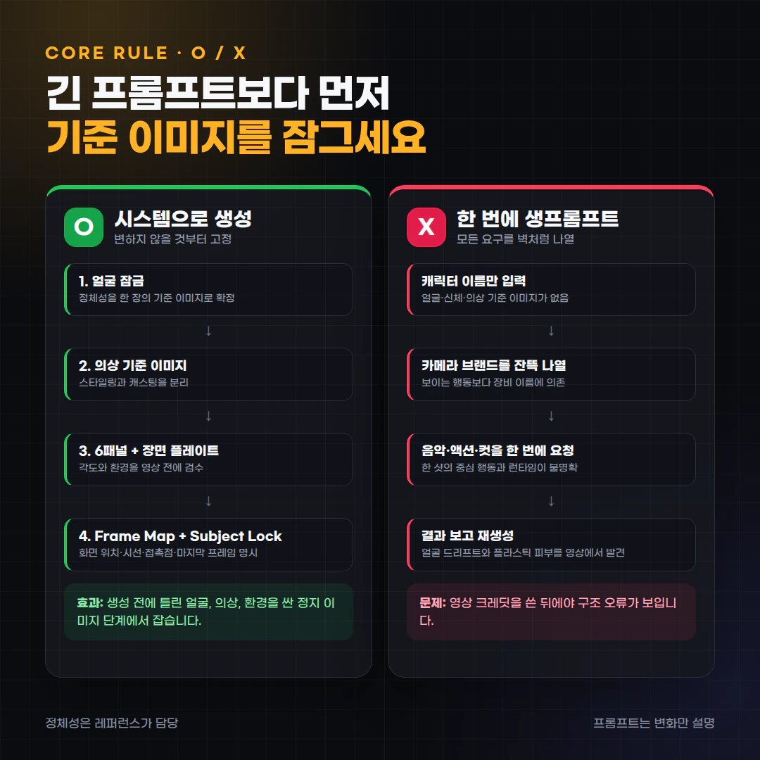 기준 이미지를 먼저 잠그는 방식과 한 번에 생프롬프트를 쓰는 방식의 O·X 비교